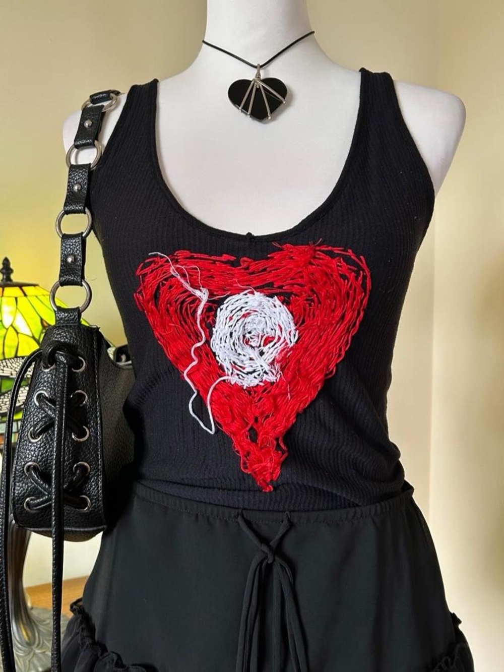Black Ribbed Tank with Red Heart Embroidery